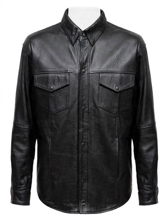Men's 908 Black Leather Shirt - 100% Genuine Printed Cowhide Leather