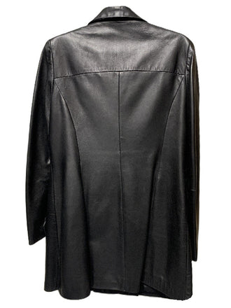 Woman's Black Leather Length Long Button-Up Casual Jacket 2620