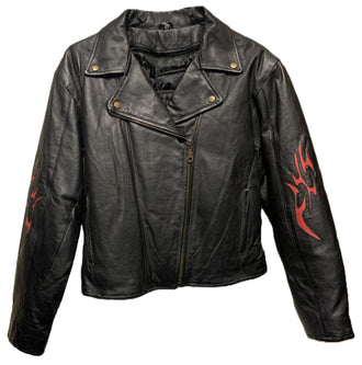 Ladies Black Leather Jacket with Red Leather Flames 2494L