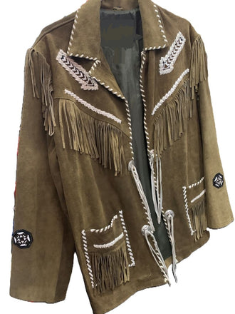 Men's Brown Fully Decorated Western Leather Frill Jacket 001