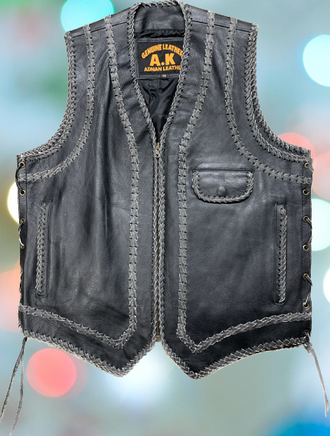 Men's Grey Western Vest with Braided Leather by Adnan