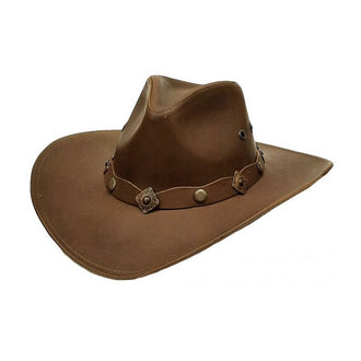 MODESTONE UNISEX LEATHER COWBOY HAT WIDE-BRIM METAL CONCHOS BROWN