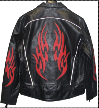 Men's Black Leather Jacket with Red Leather Flames 2494