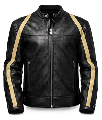 Teknic LEGEND Jacket Men's Black Perf Leather Jacket with Beige Stripe