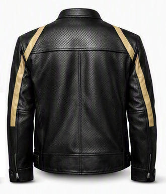 Teknic LEGEND Jacket Men's Black Perf Leather Jacket with Beige Stripe
