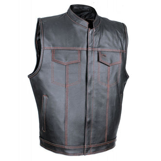 Club Vest with Snap/ zip - Black Leather, Red Stiching, Black Lining, Club Split
