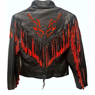 Ladies Red/Black Fringe Naked Leather Jacket
