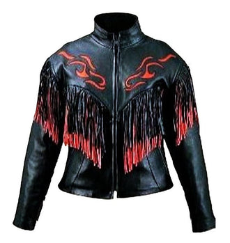 Ladies Red/Black Fringe Naked Leather Jacket