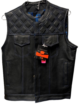 Men's Black Leather Vest with Blue Stitching