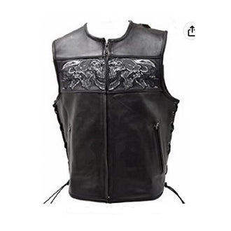 Leather Vest W/Reflective Skulls Front & Back, Side Laces