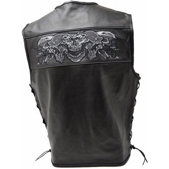 Leather Vest W/Reflective Skulls Front & Back, Side Laces