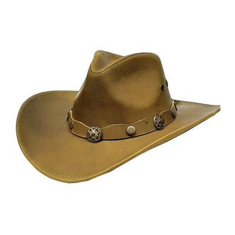 MODESTONE UNISEX LEATHER COWBOY HAT WIDE-BRIM METAL CONCHOS BROWN